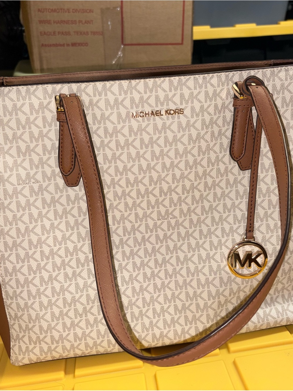 Michael Kors Cream and Tan Signature Tote with Gold MK Charm